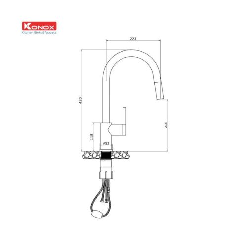 Vòi rửa bát rút dây Konox Alto Black 5 kích thước của vòi rửa bát rút dây Konox Alto Black