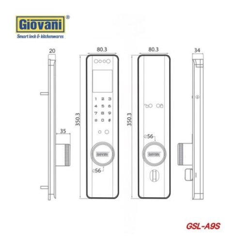 Kích thước của Khóa điện tử thông minh Giovani GSL-A9S