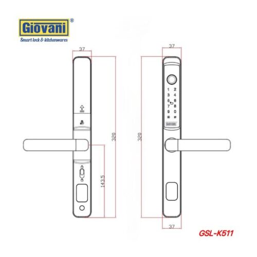 Kích thước của Khóa điện tử thông minh Giovani GSL-K511B