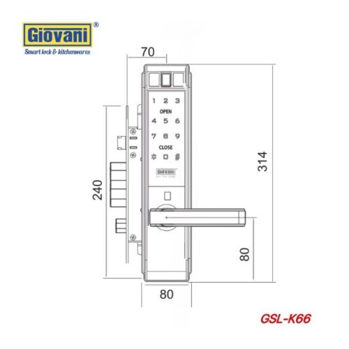 Kích thước của Khóa điện tử thông minh Giovani GSL-K66BG