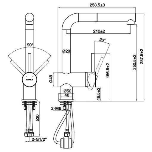Kích thước Vòi rửa bát Hafele HT21-GH1P254 577.55.590 màu xám