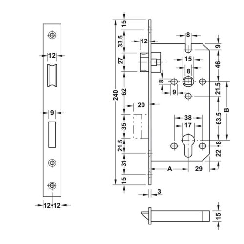 Thiết kế của Thân Khóa Lưỡi Gà Chốt Chết C/C 85mm Hafele 911.02.165