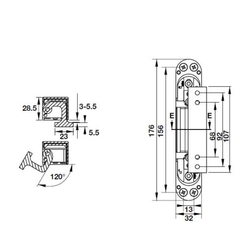 Kích thước của Bản lề âm 3D cho cửa 80Kg Hafele 927.03.049