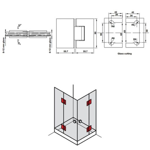 Kích thước của Bản lề kính - kính 180º màu đen Hafele 981.77.903