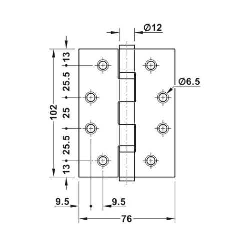 Kích thước của Bản lề lá chống cháy 2 vòng bi 120Kg Hafele 926.98.040