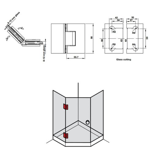 Bản lề phòng tắm kính 135º Hafele 981.77.904 5 Kích thước của Bản lề phòng tắm kính 135º Hafele 981.77.904