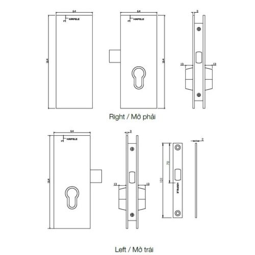 Kích thước của Bas hộp cho cửa mở xoay mở phải Hafele 981.59.030