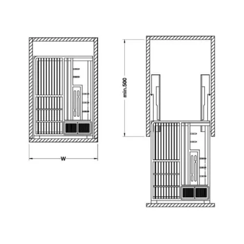 Kích thước của Bộ rổ kéo đa năng cho tủ dưới Rome Hafele 549.34.055, rộng 400