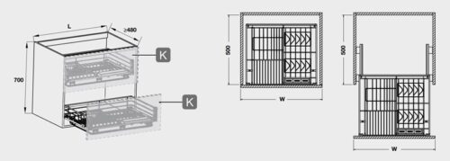 Kích thước của Bộ rổ kéo đựng chén đĩa gắn cánh rộng 800 Verona Hafele 549.03.155