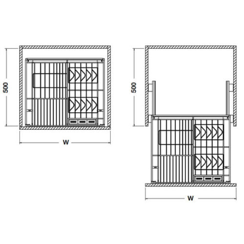 Kích thước của Bộ rổ kéo đựng chén đĩa gắn cánh rộng 900 Verona Hafele 549.03.156