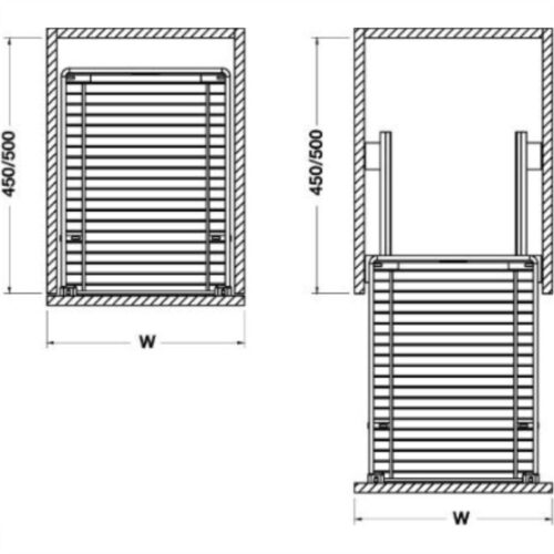 Kích thước của Bộ rổ kéo gắn với cánh Hafele 549.03.142 cho tủ rộng 450mm