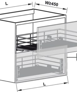 Kích thước của Bộ rổ kéo gắn với cánh Hafele 549.03.144 cho tủ rộng 600mm