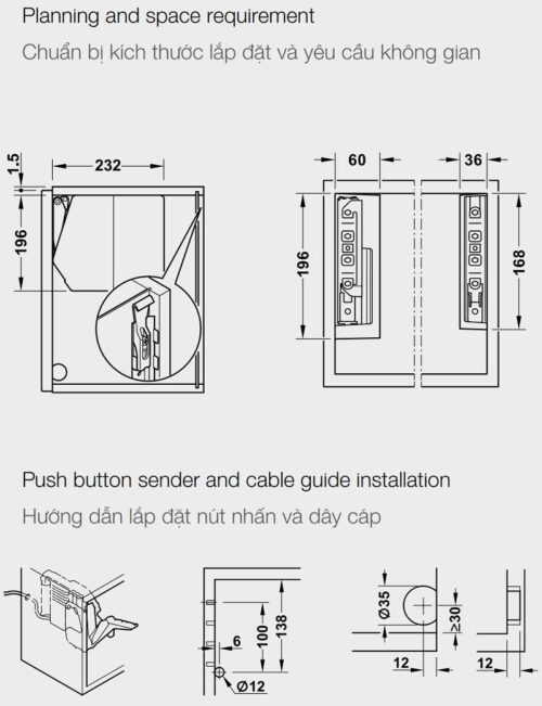 Kích thước của Bộ tay nâng Free Flap 1.7E Hafele 372.29.700 nắp trắng