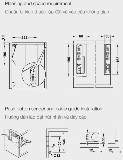 Kích thước của Bộ tay nâng Free Flap 1.7E Hafele 372.29.700 nắp trắng