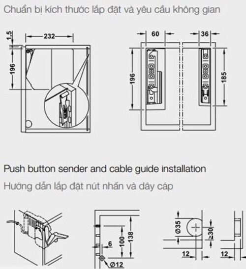 Kích thước của Bộ tay nâng Free Flap 3.15 E Hafele 372.29.703 nắp xám