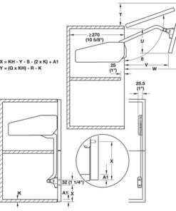 Kích thước của Bộ tay nâng Free Fold Short Hafele 493.05.732