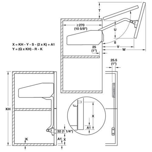 Kích thước của Bộ tay nâng Free Fold Short Hafele 493.05.732