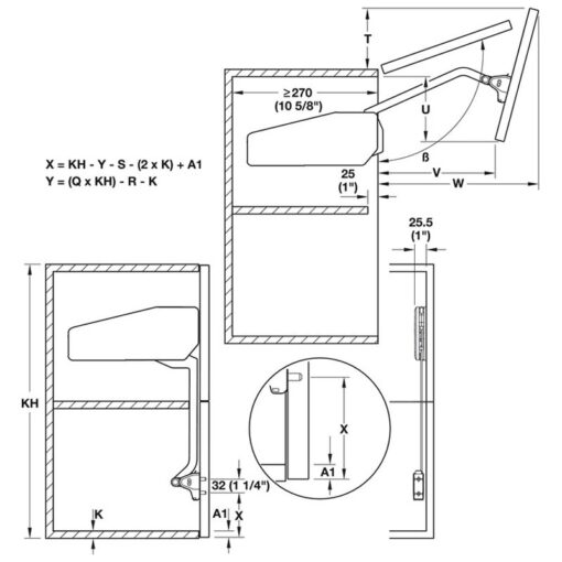 Kích thước của Bộ tay nâng Free Fold Short Hafele 493.05.732