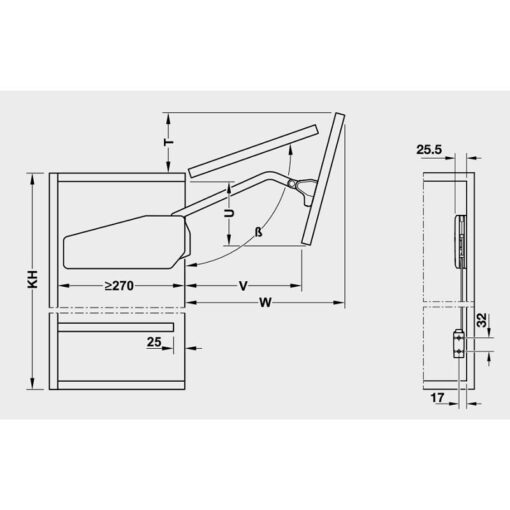 Kích thước của Bộ tay nâng Free Fold Short Hafele 493.05.735