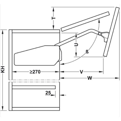 Kích thước của Bộ tay nâng Free Fold Short Hafele 493.05.736