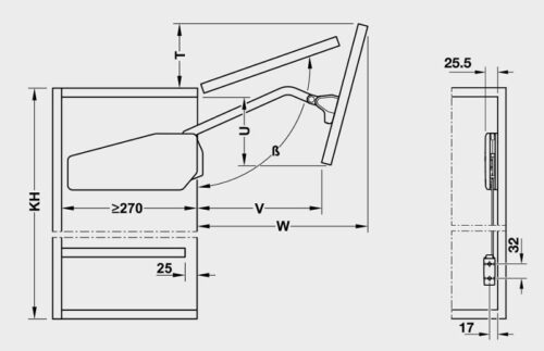 Kích thước của Bộ tay nâng Free Fold Short Hafele 493.05.737