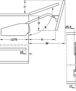 Kích thước của Bộ tay nâng Free Fold Short Hafele 493.05.741