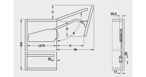 Kích thước của Bộ tay nâng Free Fold Short Hafele 493.05.901