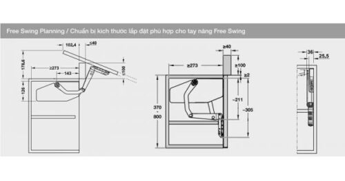 Kích thước của Bộ tay nâng Free Swing Hafele 493.05.773, đen