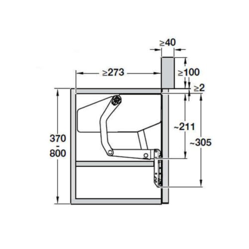 Kích thước của Bộ tay nâng Free Up Hafele 493.05.790 nắp trắng