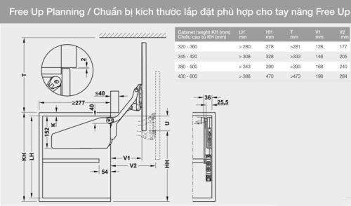 Kích thước của Bộ tay nâng Free Up Hafele 493.05.791 nắp trắng