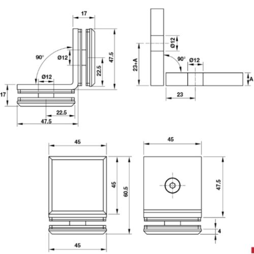 Kích thước của Kẹp kính 90º phòng tắm kính Hafele 981.77.916