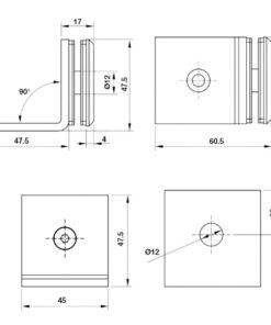 Kích thước của Kẹp kính - tường 90º có đế màu đen Hafele 981.77.911
