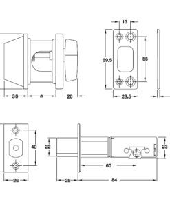 Kích thước của Khoá cóc 1 đầu chìa 1 đầu vặn Hafele – loại lớn 911.64.274