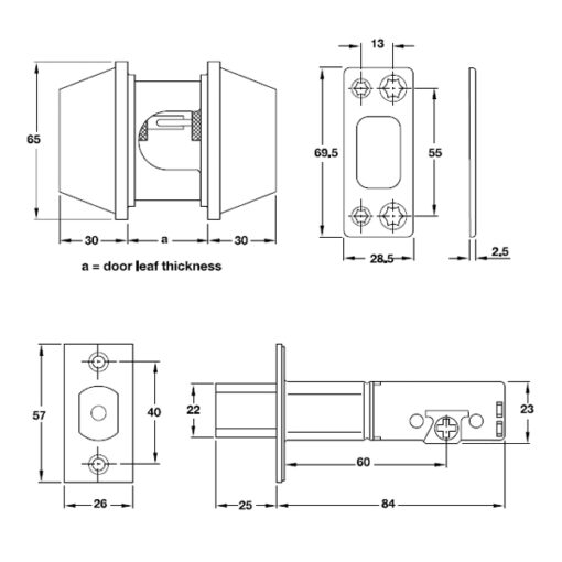 Kích thước của Khóa cóc 2 đầu chìa loại lớn Hafele 911.64.278