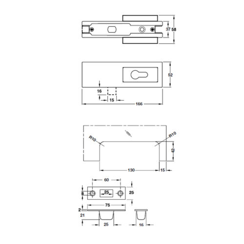 Kích thước của Khóa kẹp chân kính Inox bóng Hafele 981.00.66