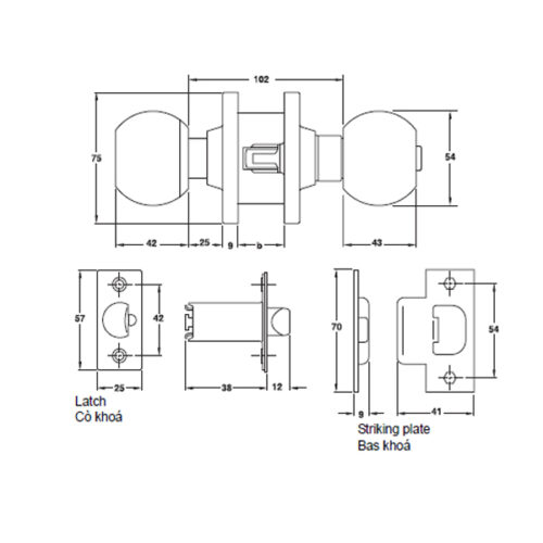 Kích thước của Khóa nắm tròn cửa chính loại nhỏ Hafele 911.64.680