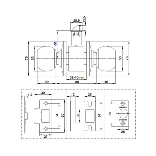 Kích thước của Khóa tay nắm tròn cửa đi Hafele 489.93.130