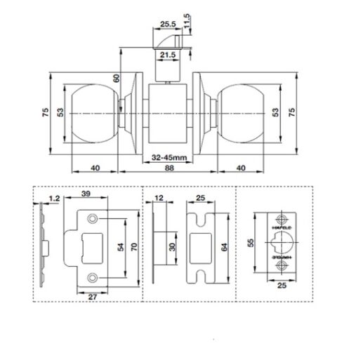 Kích thước của Khóa tay nắm tròn cửa đi Hafele 489.93.132