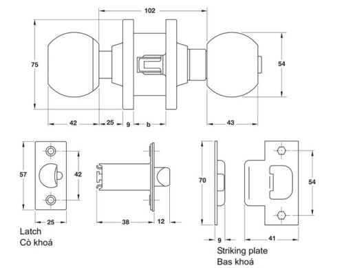 Kích thước của Khóa tròn cho cửa công cộng – loại lớn Hafele 911.64.254