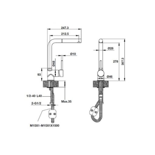 Kích thước Vòi Rửa Chén Hafele HT19-GH1F270 570.51.380