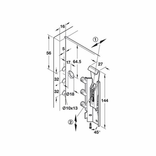 Kích thước của Phụ kiện bas treo tủ lắp nhấn khóa vít, bên phải Hafele 290.21.911
