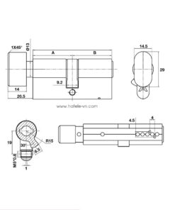 Kích thước của Ruột khóa 1 đầu chìa 1 đầu vặn 71mm Hafele 489.56.004