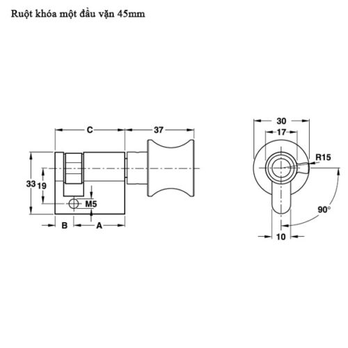 Kích thước của Ruột khóa 1 đầu vặn 45mm màu đen Hafele 916.64.035