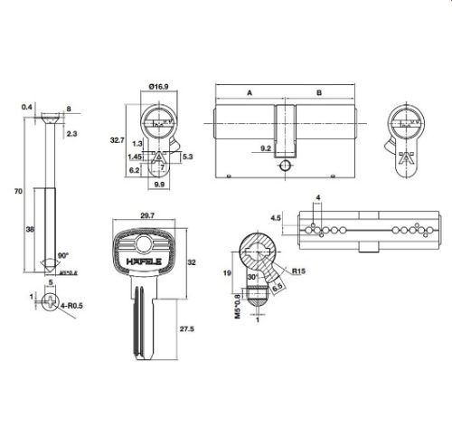 Kích thước của Ruột khóa 2 đầu chìa 65mm Hafele 489.56.000