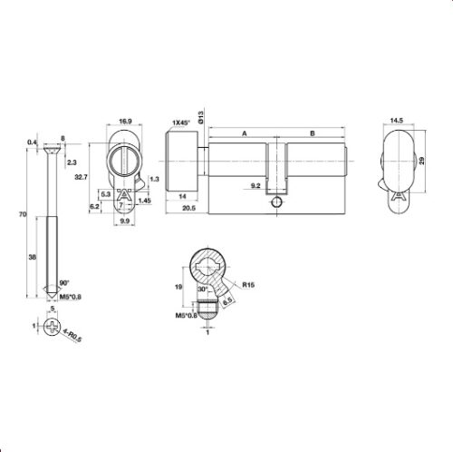 Kích thước của Ruột khóa nhà vệ sinh 60mm Hafele 489.56.006