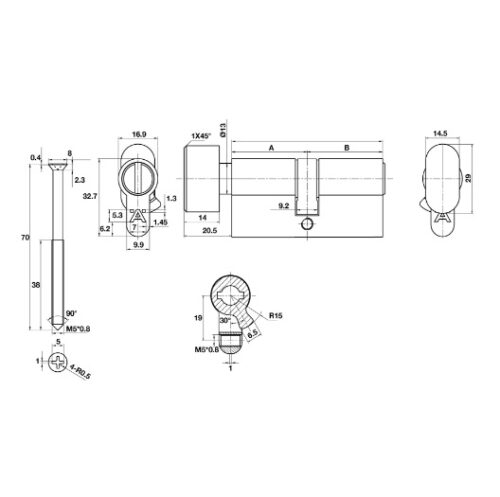 Kích thước của Ruột khóa nhà vệ sinh 65mm Hafele 489.56.007