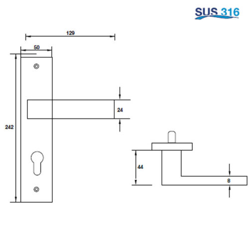 Kích thước của Tay nắm gạt đế dài C/C 72mm Hafele 903.78.591