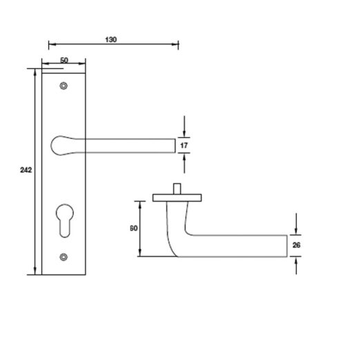 Kích thước của tay nắm gạt đế dài C/C 72mm Hafele 903.98.464