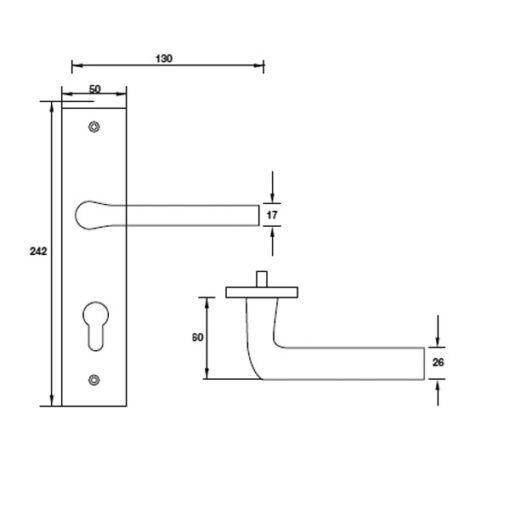 Kích thước của tay nắm gạt đế dài C/C 72mm Hafele 903.98.464