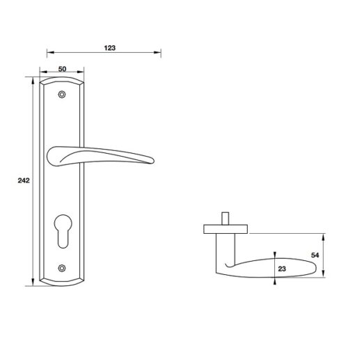 Kích thước của Tay nắm gạt đế dài C/C 72mm Hafele 903.98.473